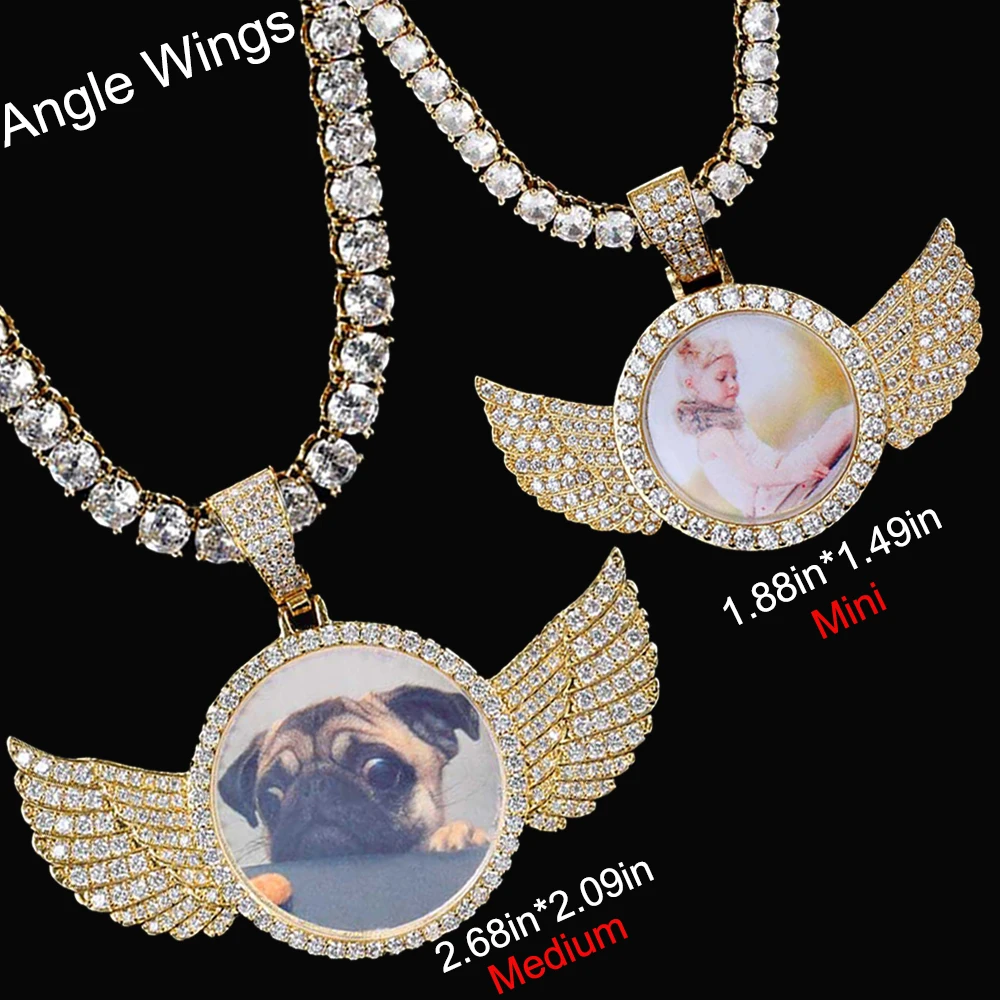 Dropshipping Hip Hop Personalized Pendant Bling CZ Memorial Picture Necklace Photo Custom Angel Free Engrave Wing Pendants