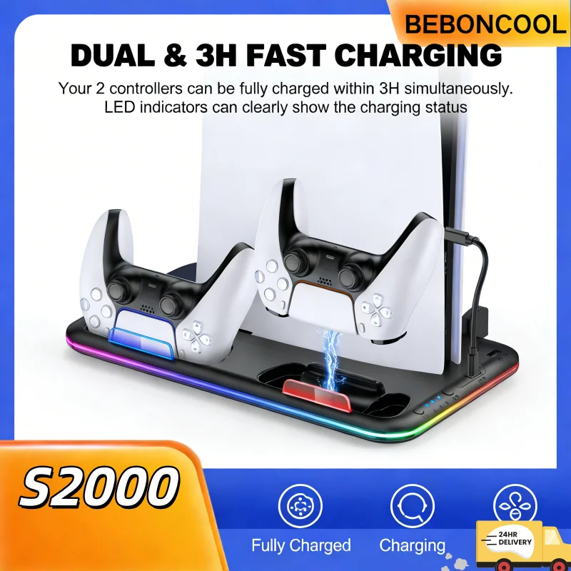 BEBONCOOL S2000 RGB Cooling Stand  Vertical Cooling Station Cooler PS5 DualSence Gamepad Charger For PS5 Slim/PS5 Digital/Disc