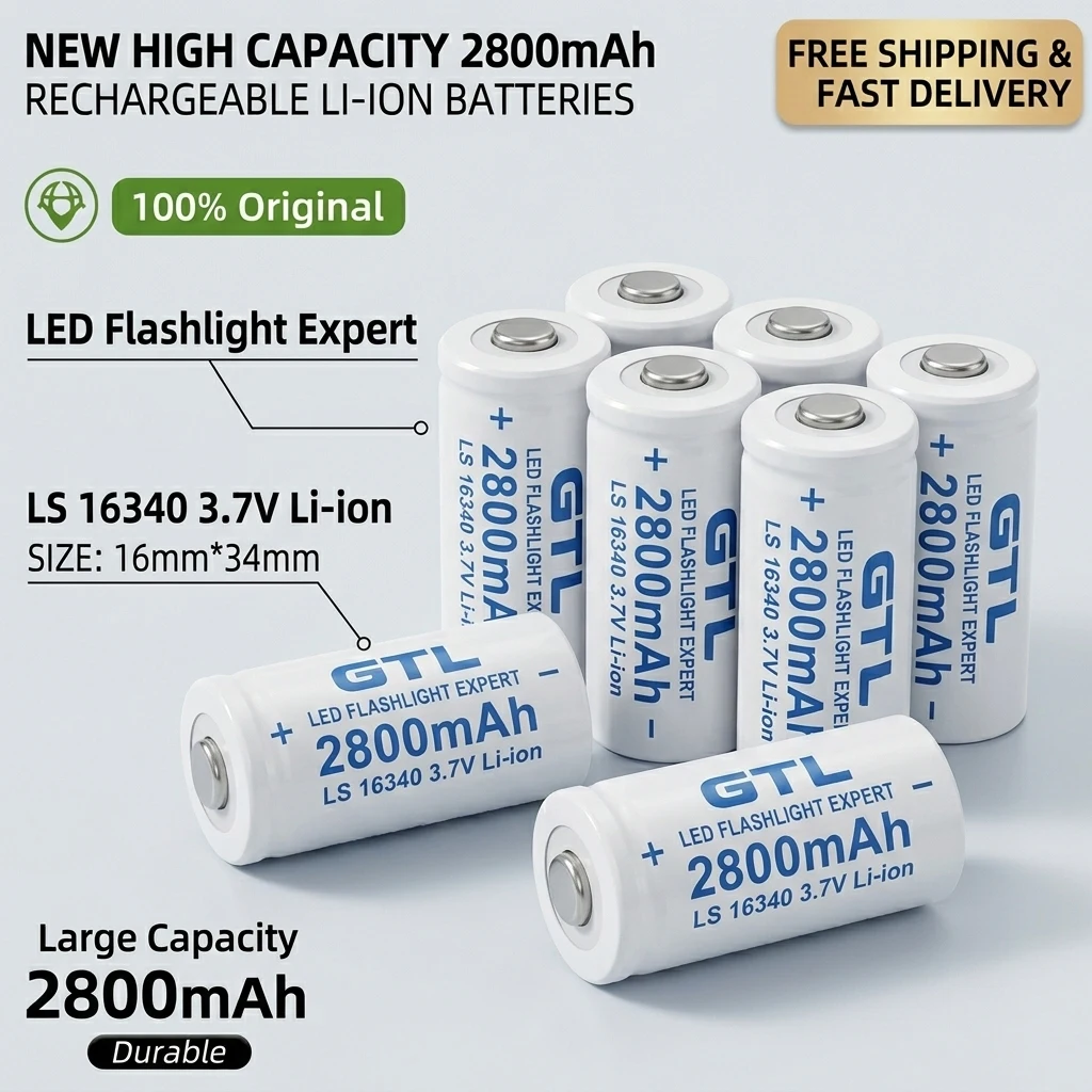 Original 16340 3.7V 2800mAh Rechargeable Li-ion Battery CR123A RCR123 for LED Flashlight Security Camera Arlo Headlamp
