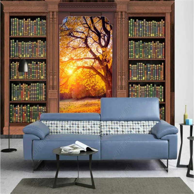 

European bookshelf autumn forest landscape home decor custom mural 3D wall paper bedroom decor self-adhesive wallpaper