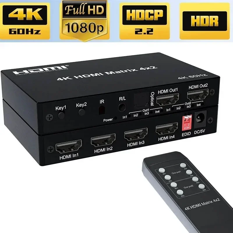 

4K 60Hz HDMI Matrix 4x2 2x2 2x4 with Audio Extractor Video Distributor HDMI Switch Splitter for PS4/5 Laptop PC To TV Projector