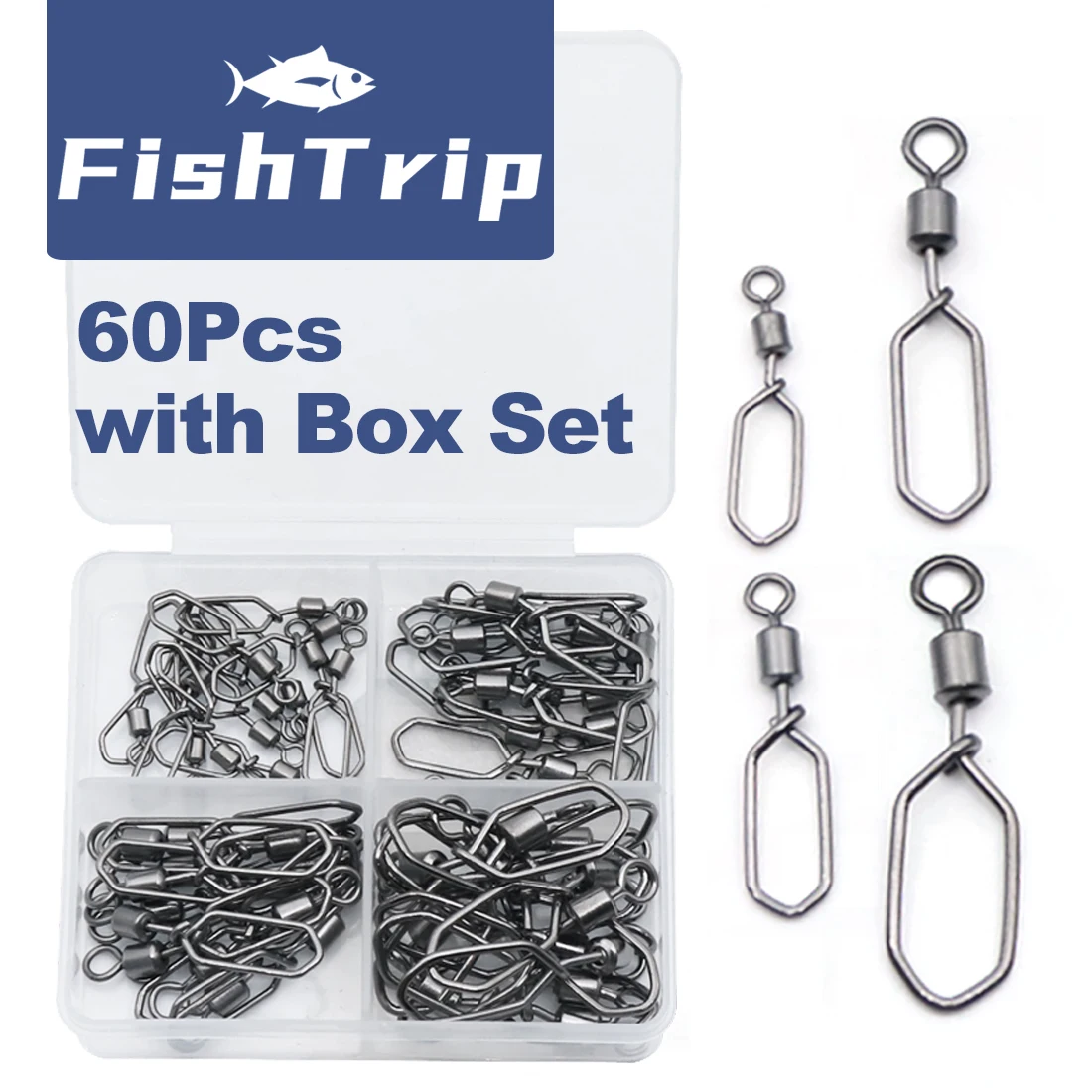 

FishTrip 60 шт. вращающийся вертлюг для рыбалки с набором коробок из нержавеющей стали, разъем для рыбалки, терминал, снасти