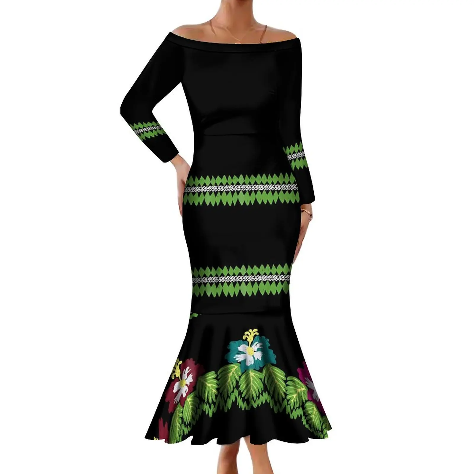 

New Design Women'S Off-The-Shoulder Long Sleeve Dress High Quality Fishtail Maxi Polynesian Island Style Art Print