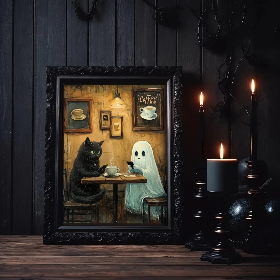 Seltsame schwarze Katze, Geist im Café, Leinwanddruck, skurrile Halloween-Wandkunst, Poster für moderne Wohnzimmer, Schlafzimmer, Heimdekoration