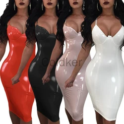 New Women Solid Sling Zipper Slit Hem Dress Latex Sexy Lingerie PU Patent Leather Shiny Bodycon Jumpsuit Nightclub Party Dresses