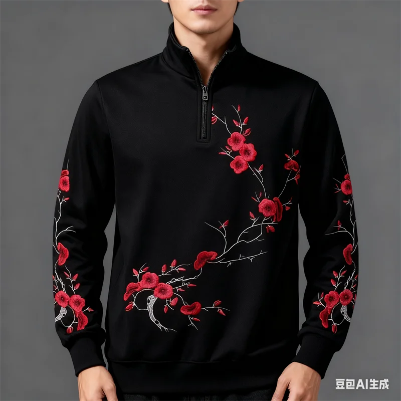 

New 3D Plum Blossom Print Men's Half-zip Stand Collar Shirt Casual Oversized Pullover Tops Fashion Streetwear Autumn Winter Tops