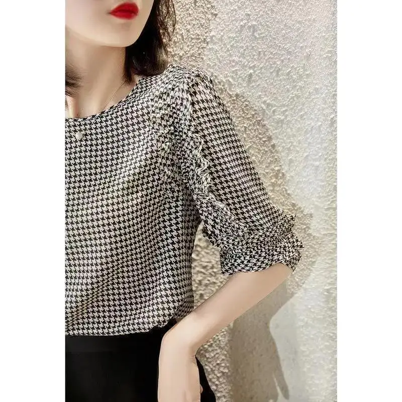 Fashion Printed Houndstooth Spliced Ruffles Oversized Shirt Summer New Casual Pullovers Loose Commute Women\'s Clothing Blouse