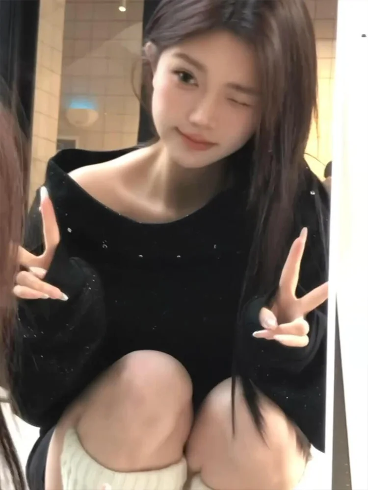 Suda de manga larga de un solo hombro para mujer, Top informal de estilo coreano, estilo perezoso, efecto adeazante, pr...