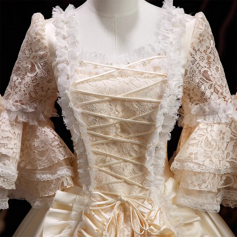 Customized Champagne Women Medieval Court Evening Dresses Lace Shiny Renaissance Masquerade Costume Theater Prom Party Gowns