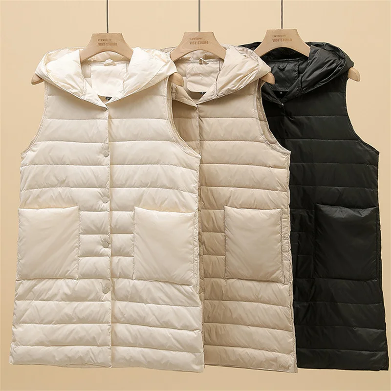 

Autumn Winter Women Hooded Down Waistcoat Jacket Ultra Light White Duck Down Vest Parkas Female Warm Sleeveless Long Tank Coat