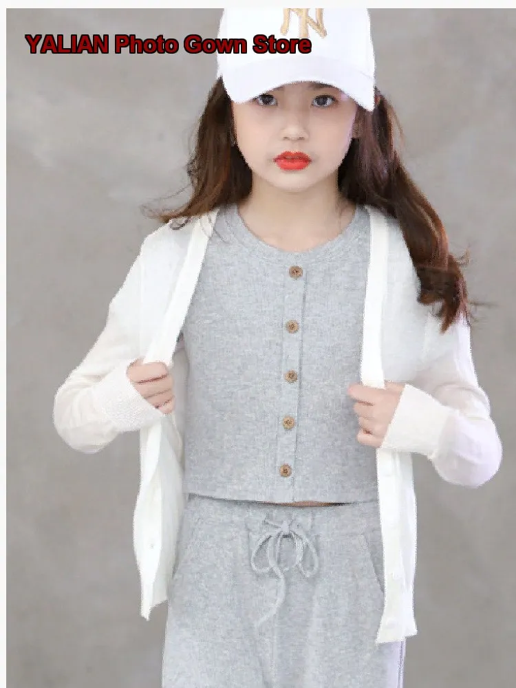 Girls Knit Cardigan Kids Autumn Summer Round Neck Knit Top Solid Color Thin Breathable Soft Older Kids