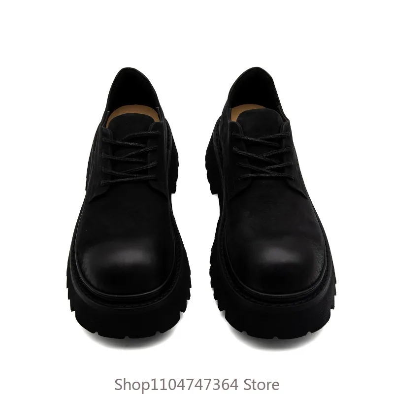 New Black Design Genuine Leather Casual Lace Up Thick Sole Platform Shoes Men's Height Increasing Cowhide Shoes Male