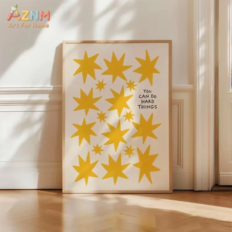 AZNM Gelber Stern Motivierendes Zitat Leinwand-Wandkunst „Du kannst schwierige Dinge tun“ Minimalistischer abstrakter ungerahmter Leinwanddruck Schlafzimmer Wohnzimmer