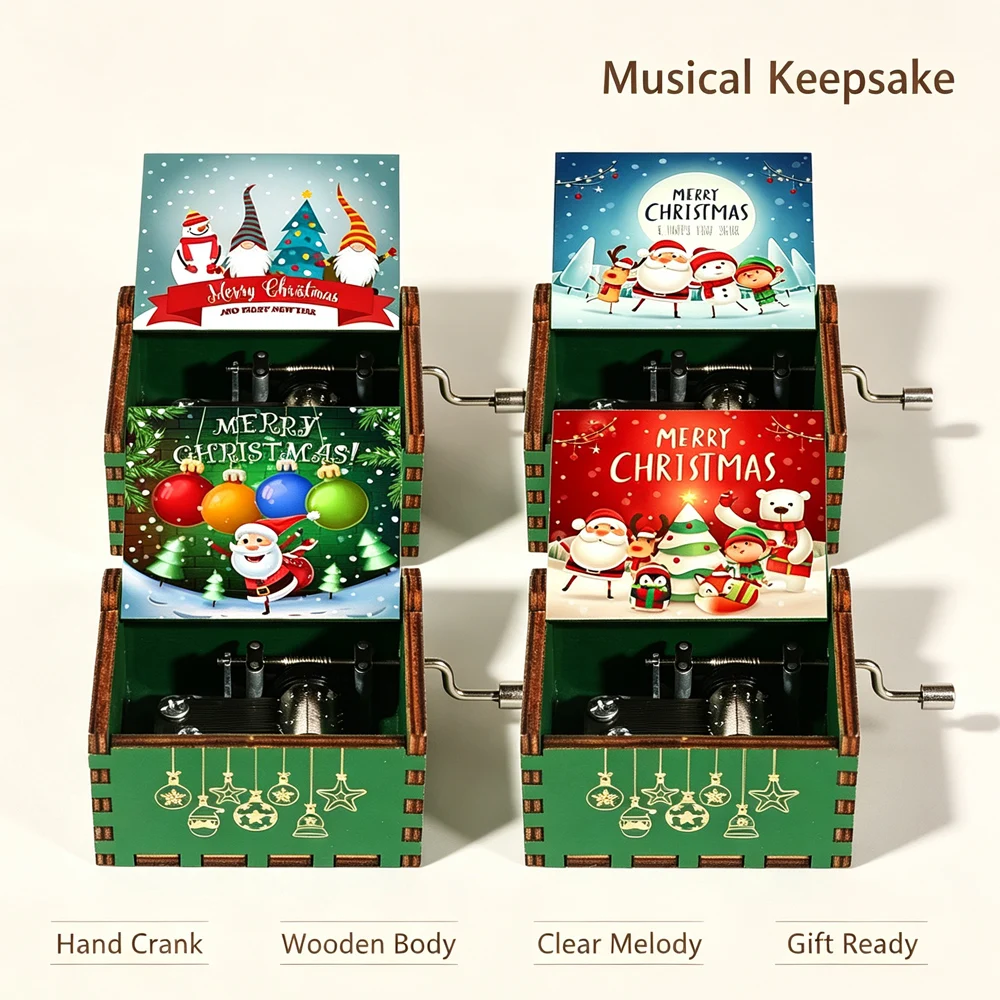 Wooden Hand Crank Music Box Merry ChristmasTheme  Decoration Home Christmas Birthday Gift