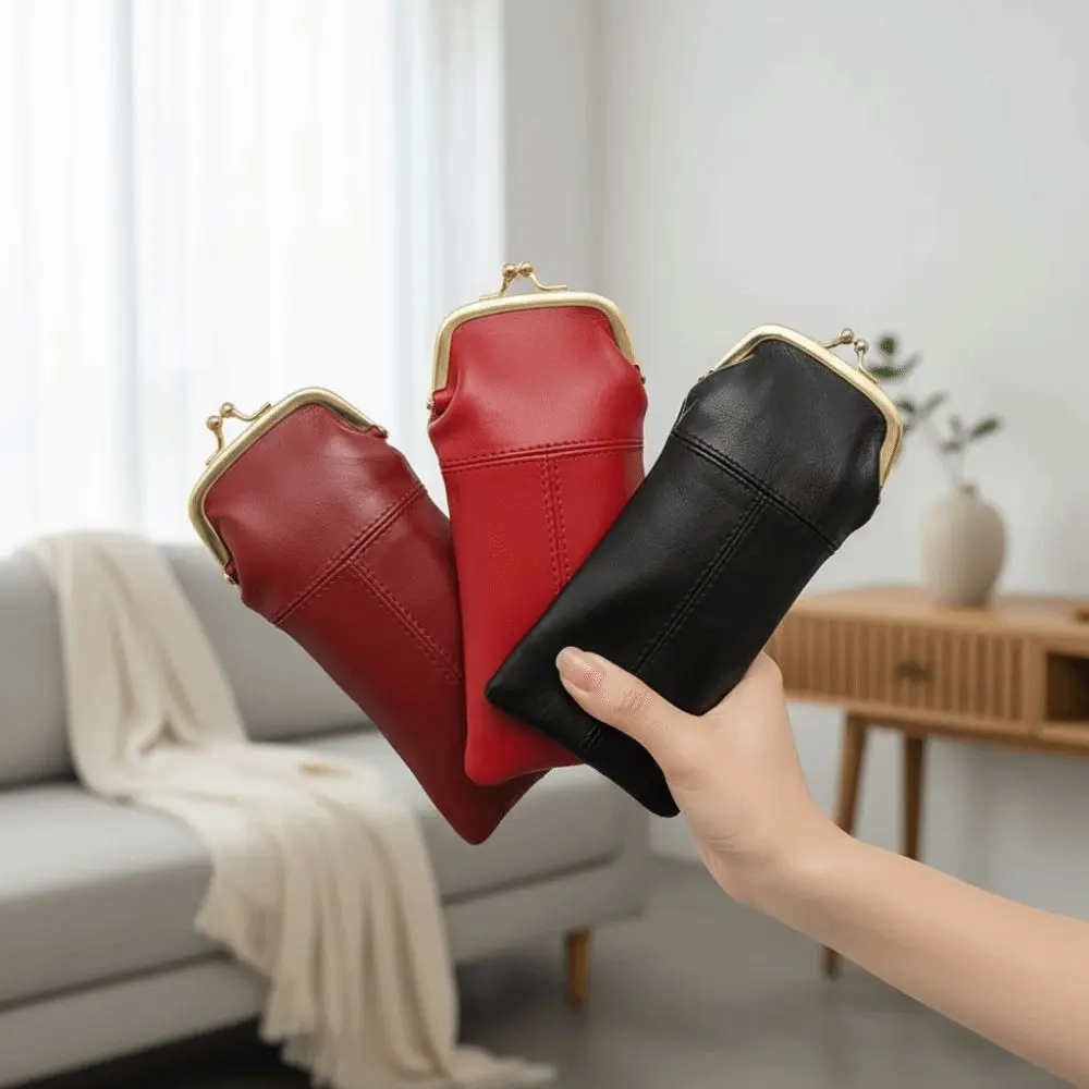 Secure Closure Leather Kiss Lock Purse Multi-Functional Exquisite Retro Clasp Eyeglasses Bag Large Capacity Solid Color