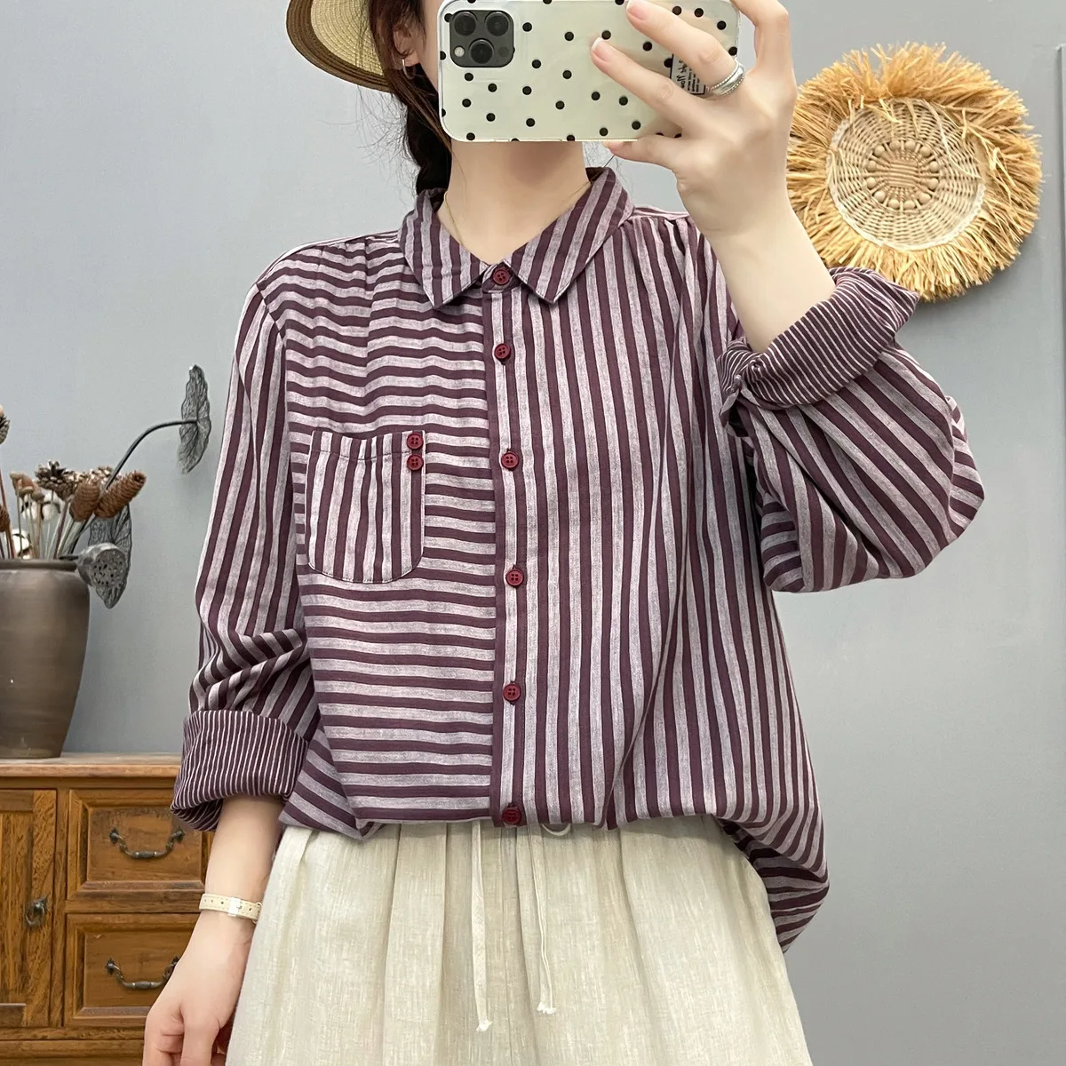 اليابانية خمر موري فتاة مخطط تي شيرتات قطن المرأة الخريف جديد رفض طوق كم طويل بلوزة فضفاضة غير رسمية بلايز