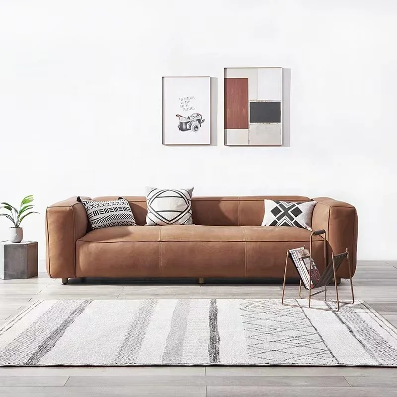 Nordic style retro leather simple living room sofa 3 seat space saving small apartment low back como sofa