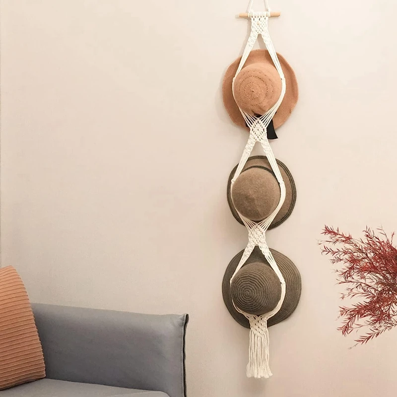 Macrame Hat Hanger For Hanger Wall Display, Bohe Mia Hat Holder For Organizer Storage Decorative Wide Brim Cap - 2Pack