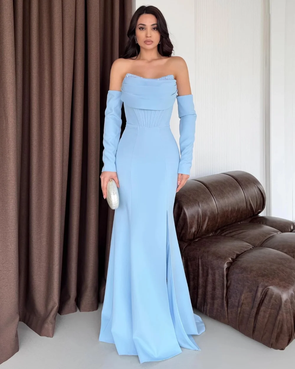 

Customized Sky Blue Matching Fashion Jersey Beading Rhinestone Mermaid Strapless Long Dresses Evening Dresses for Woman Formal