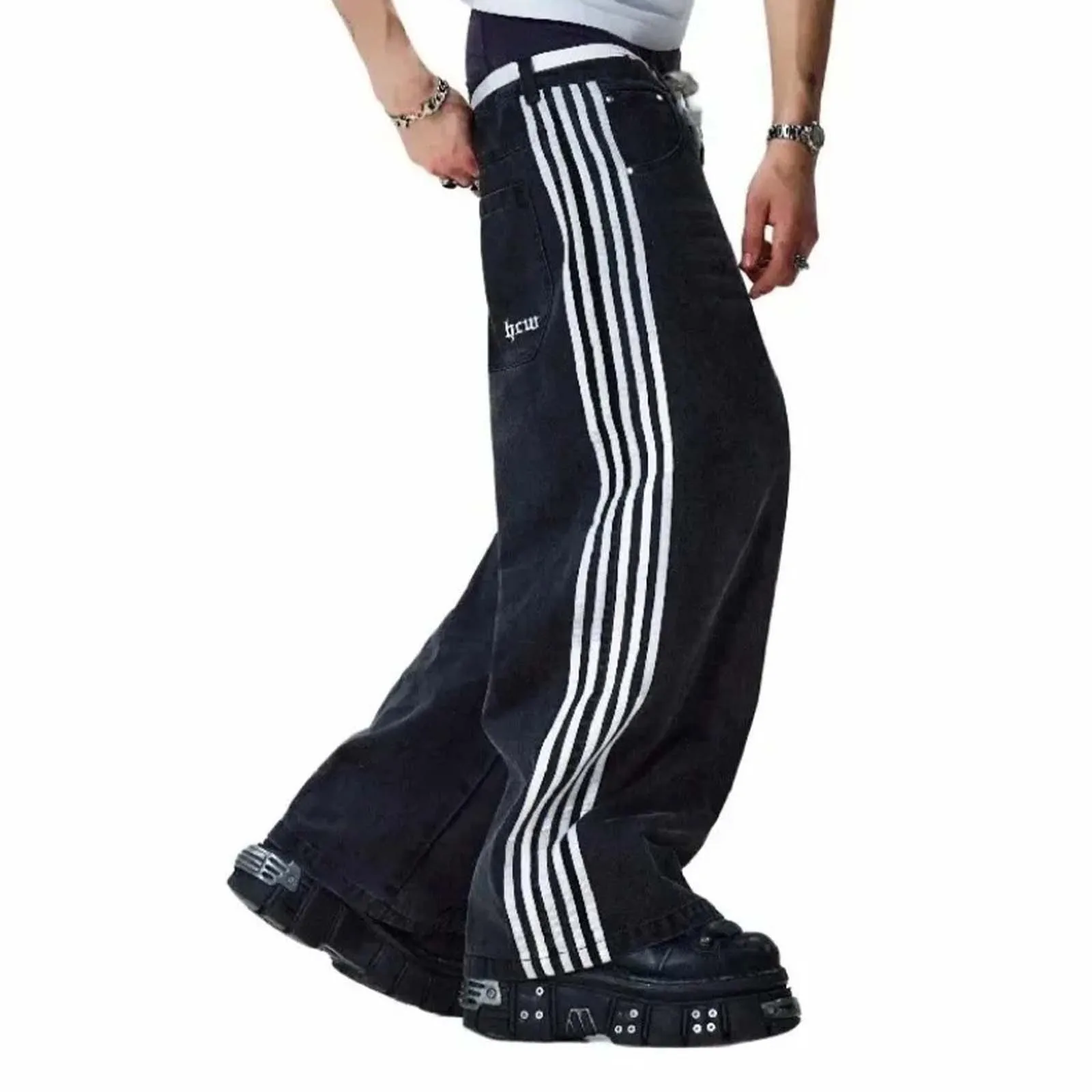 

Korean Popular Women Pants Y2k Big Size Street Baggy Jeans Vintage Gothic Low Rise Flared Jeans Side Stripe 2000s Denim Overalls