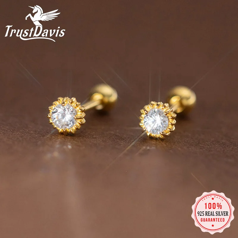 Trustdavis Real 925 Silver Classic White Zircon Threads Stud Earrings for Women Daily Wear Jewelry Gift DS4464