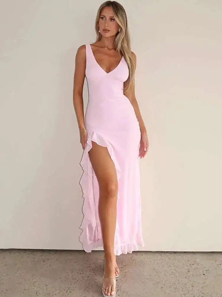 

Ruffle High Split Sexy Dress Women 2026 Robes Elegant Evening Summer Dress Backless Party Long Midi Dress Vestidos robe femme