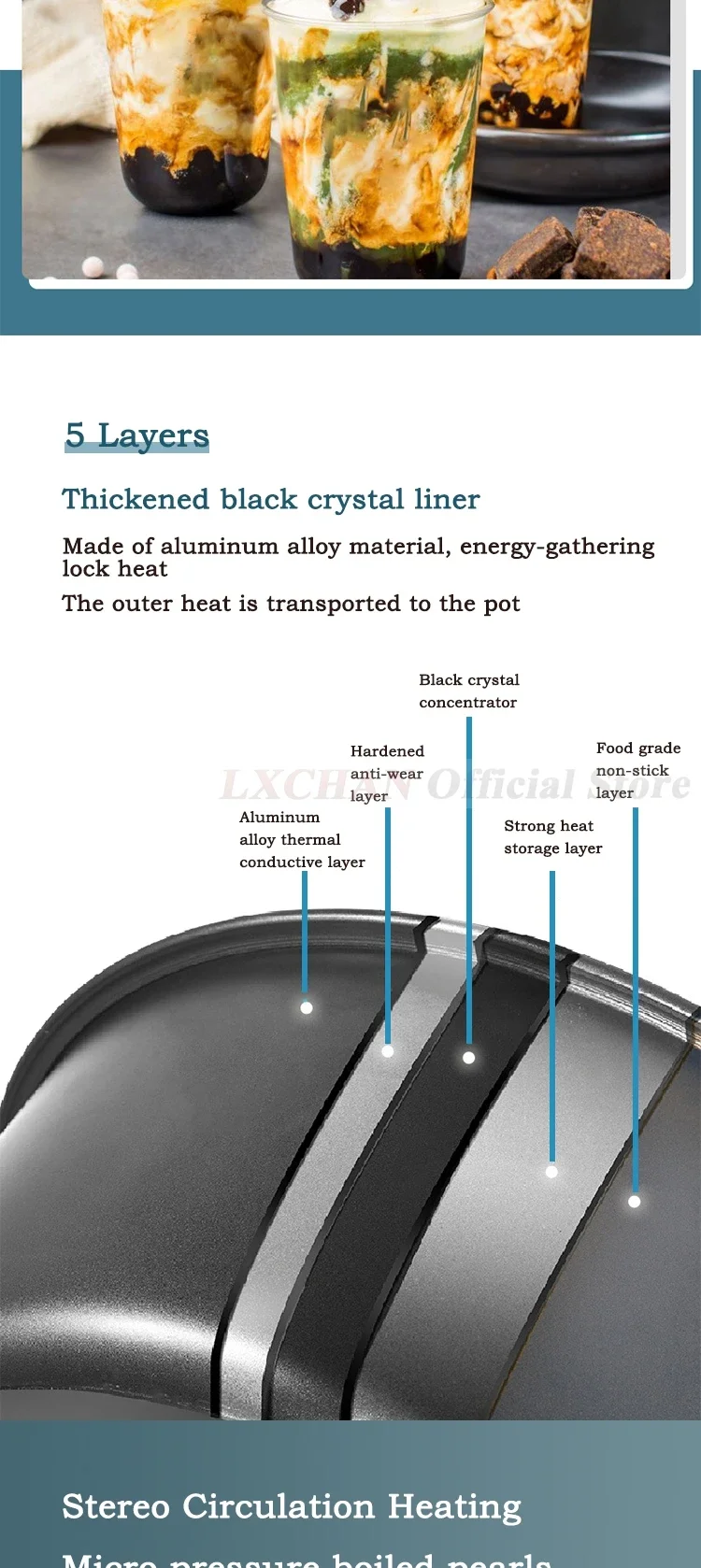 HomeWise 5L بوبا وعاء كهربائي متعدد الأغراض التلقائي اللؤلؤ غير عصا وعاء ذكي التحكم في درجة الحرارة فقاعة التابيوكا طباخ