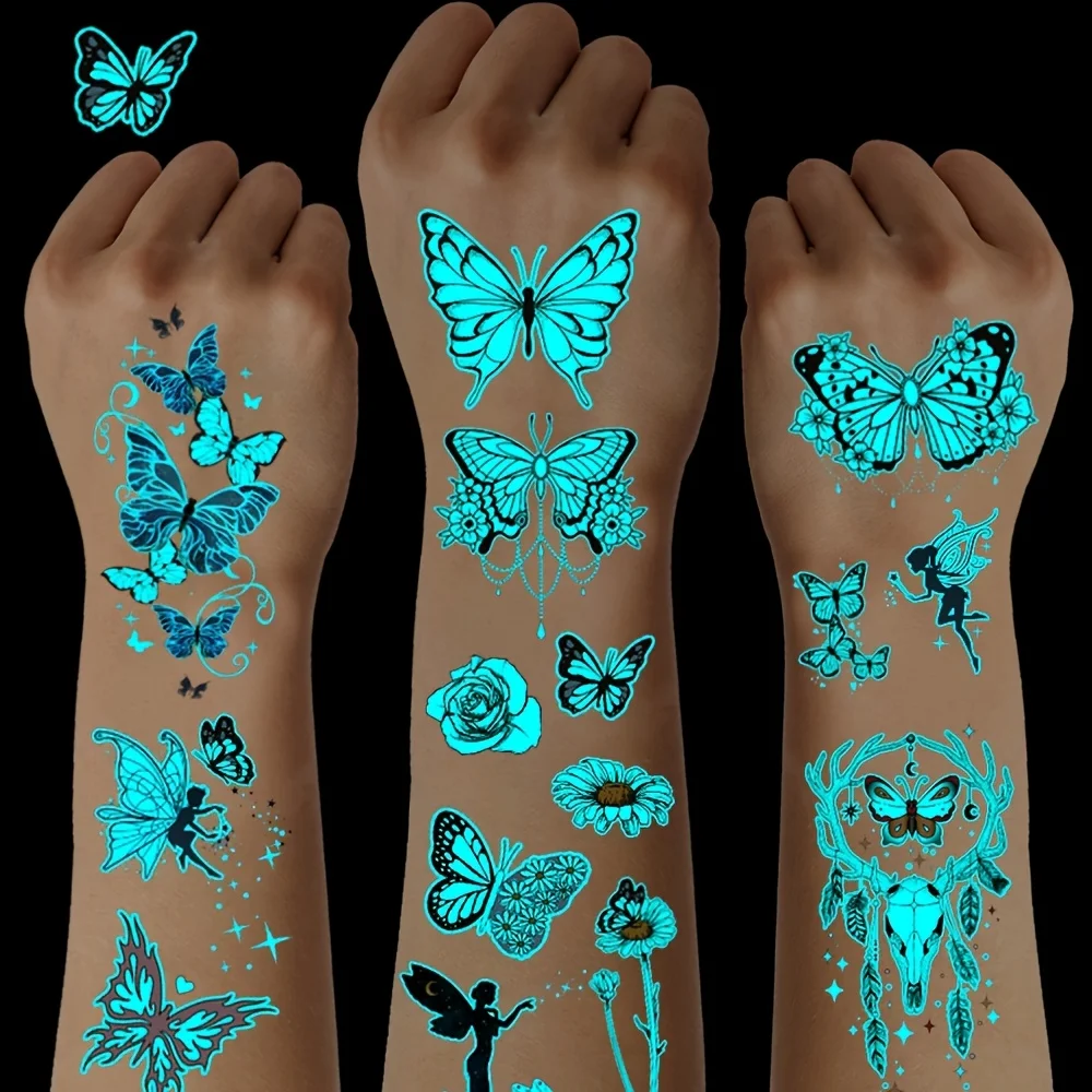 

12-листые светящиеся в темноте татуировки | Неоновые синие бабочки, цветочные | Долговечный водонепроницаемый 2-5 дней | Простое нанесение, наклейка с татуировкой