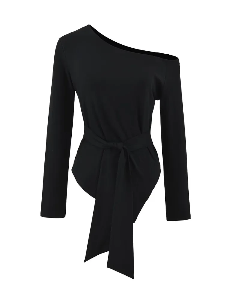 Sexy coupe ajustée longue Sve T-irt femmes Sle ourlet asymétrique décontracté haut de gamme sentiments oul-baring haut pour les adolescents