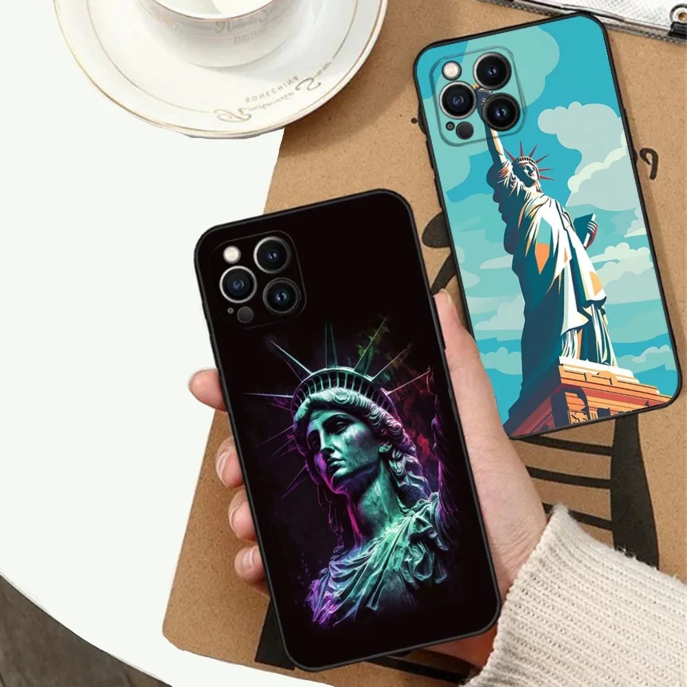 America Statue of Liberty Phone Case For Apple iPhone 15,14,13,12,11,XS,XR,X,8,7,Pro,Max,Plus,mini Silicone Black Cover