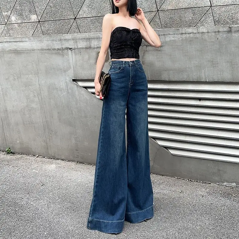 

Versatile new wide-leg jeans2025Elastic design women's high-waisted slimming drapey floor-length pants in vintage blue
