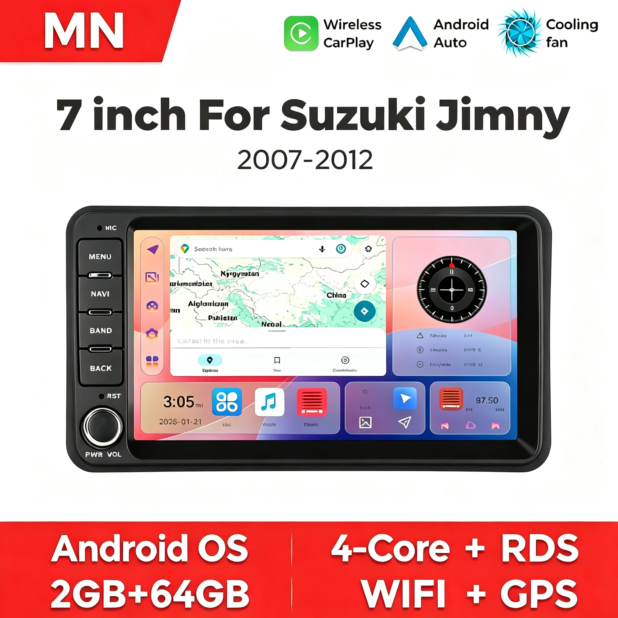 NaviFly Car Head Unit For Suzuki Jimny 2007‑2012 Wireless CarPlay Android Auto BT SWC GPS Navigation WIFI CoolingFan Auto Stereo