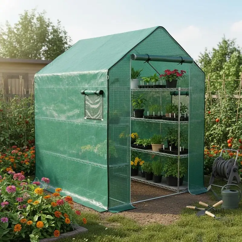 

Greenhouse Cover Replacement Walk-in PE Hot House Cover with Roll-up Door and Windows, 140 x 143 x 190cm, Green