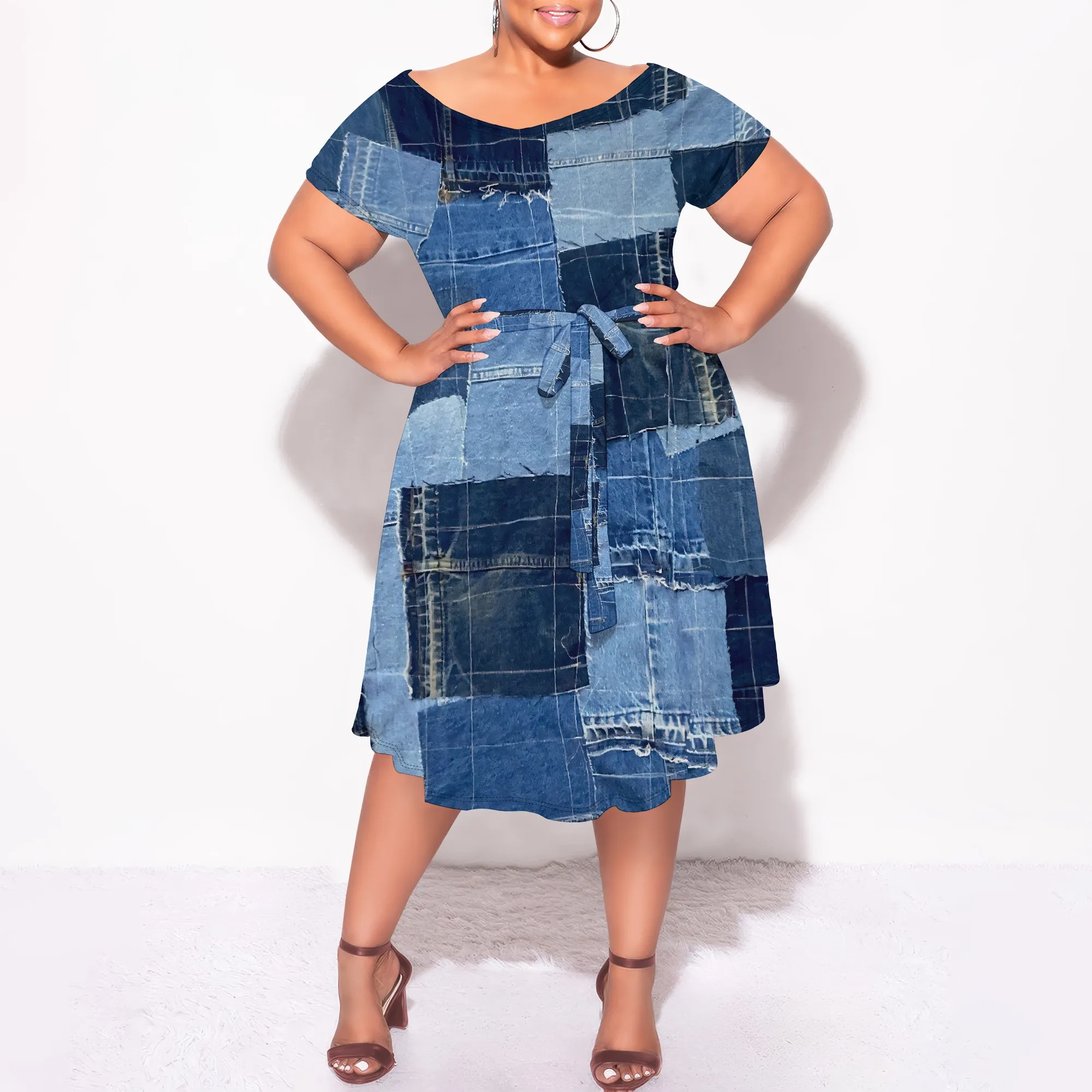 

Nupusa Denim Patchwork Print Dress for Women Plus Size Summer Casual Off - Shoulder Short Sleeve Midi Dress