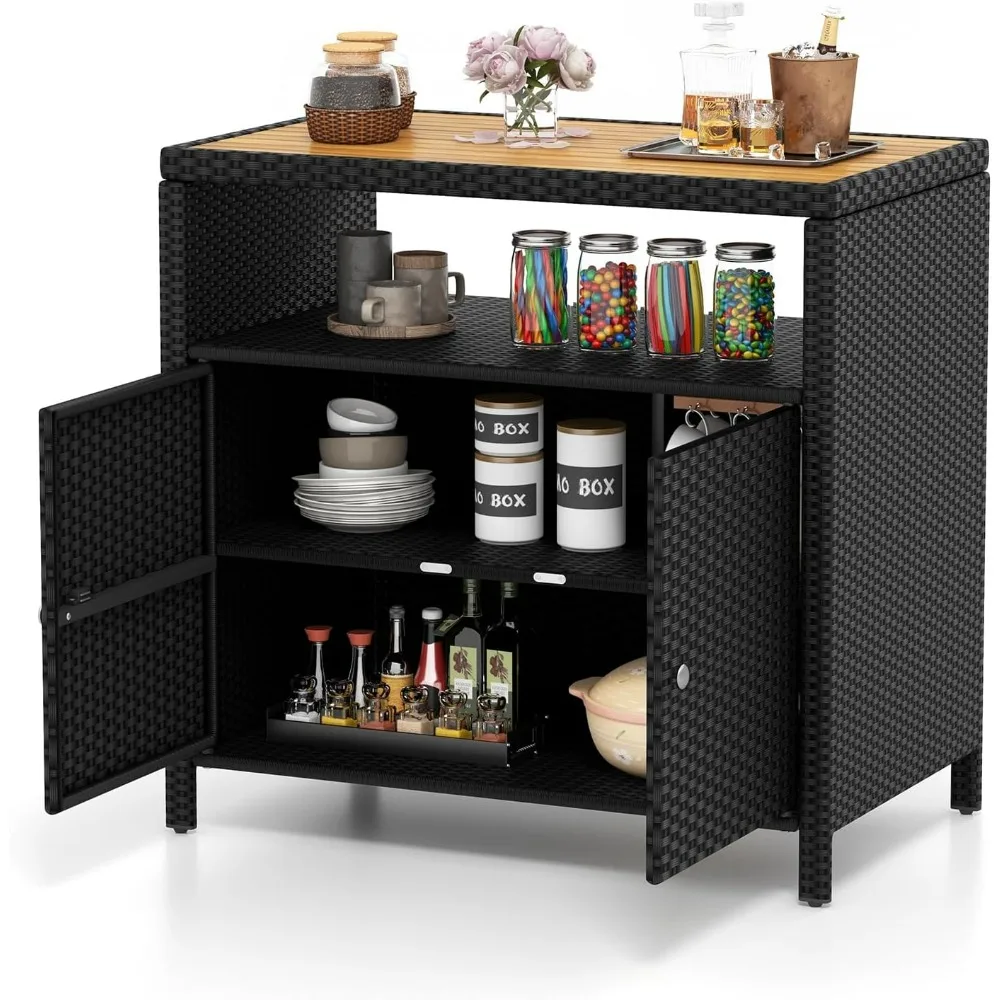 Tangkula Rattan Outdoor Storage Cabinet, Patiojoy Outdoor Cabinet with Acacia Wood Countertop, Open Compartment, 2-Door Wicker