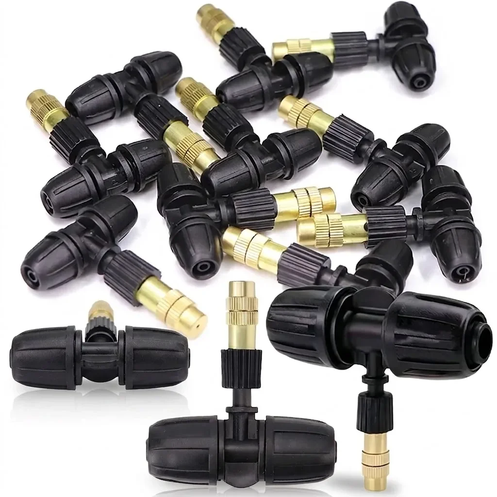 Brass Misting Nozzles with Tee Connector Snap On Quick Joint Outdoor Garden Irrigation Atomizer Sprayer 1/4 3/8 1/2 Inch Tubing