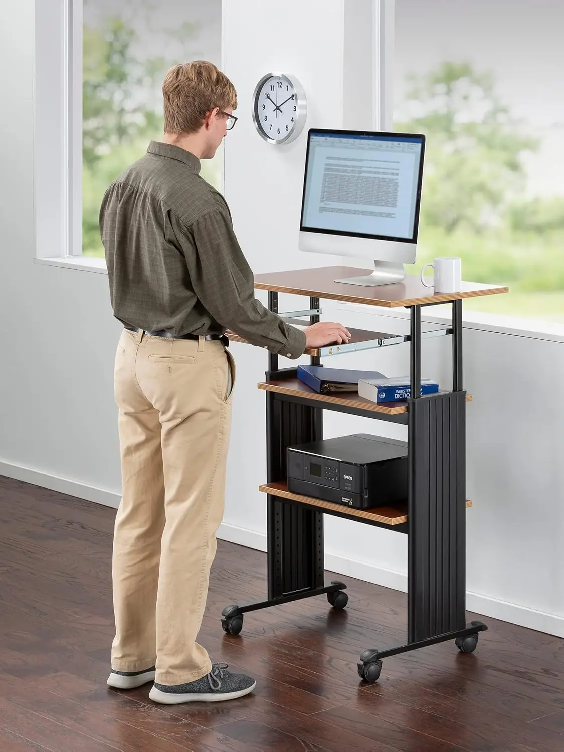 Mobile Stand-Up Height-Adjustable Desk,Keyboard Storage, Steel Frame Construction, Durable Melamine Laminate Work Surface