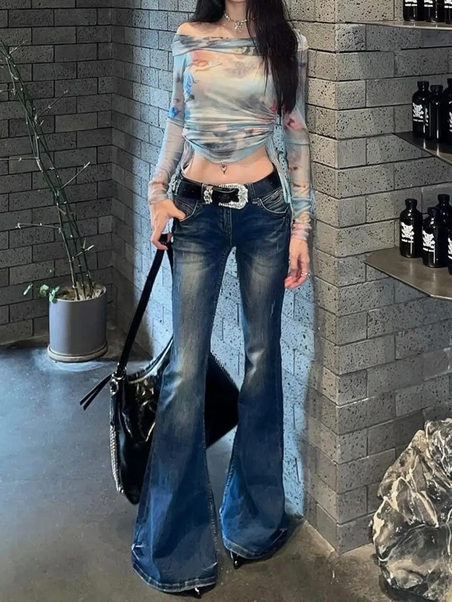 

American Retro Washing Low Waisted Jeans Women Spring Summer New Niche Design Millennial Style Hot Girl Flared Pants