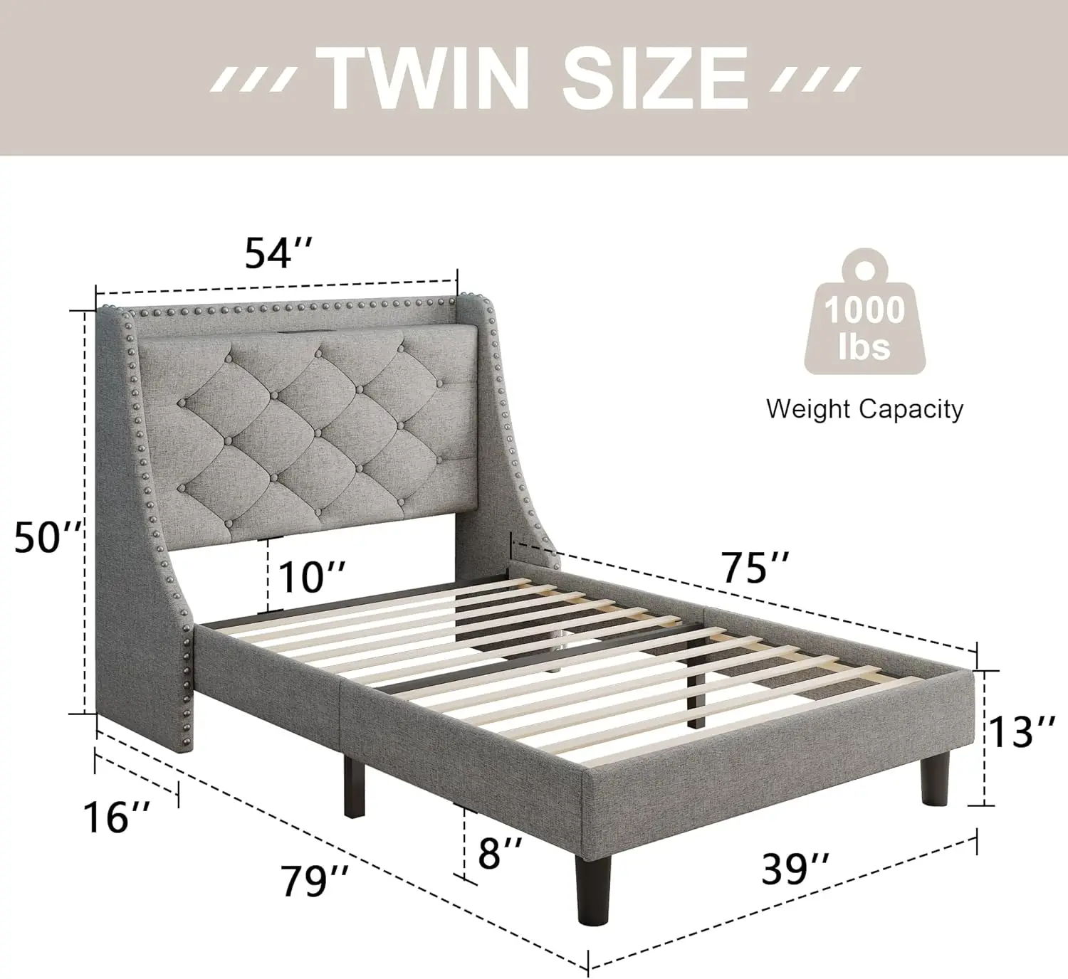 Cama gêmea Frame com Wingback luxuoso, botão estofado