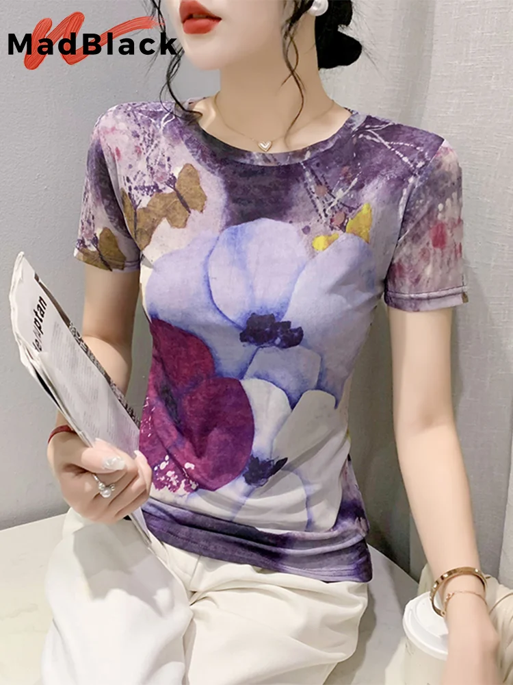 MadBlack Summer European Clothes TShirts Woman Sexy O Necks Position Printing Slim Tops Short Sleeve Tees 2023 Retro T34705M