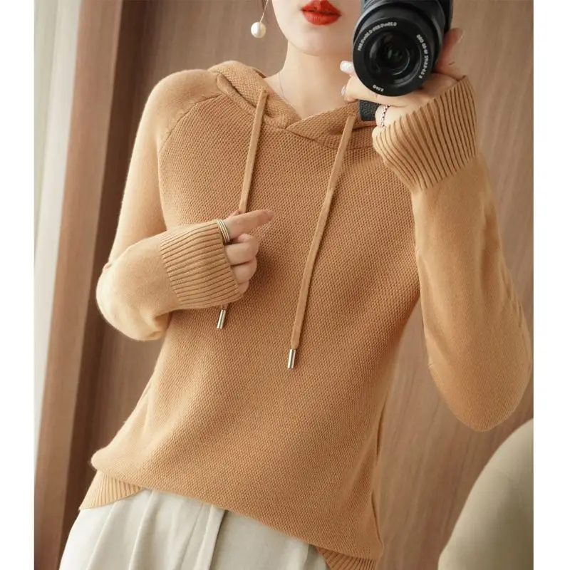 Autumn and Winter Women's Pullover Hooded Drawstring Solid Screw Thread Lantern Long Sleeve Sweater Knit Fashion Casual Tops