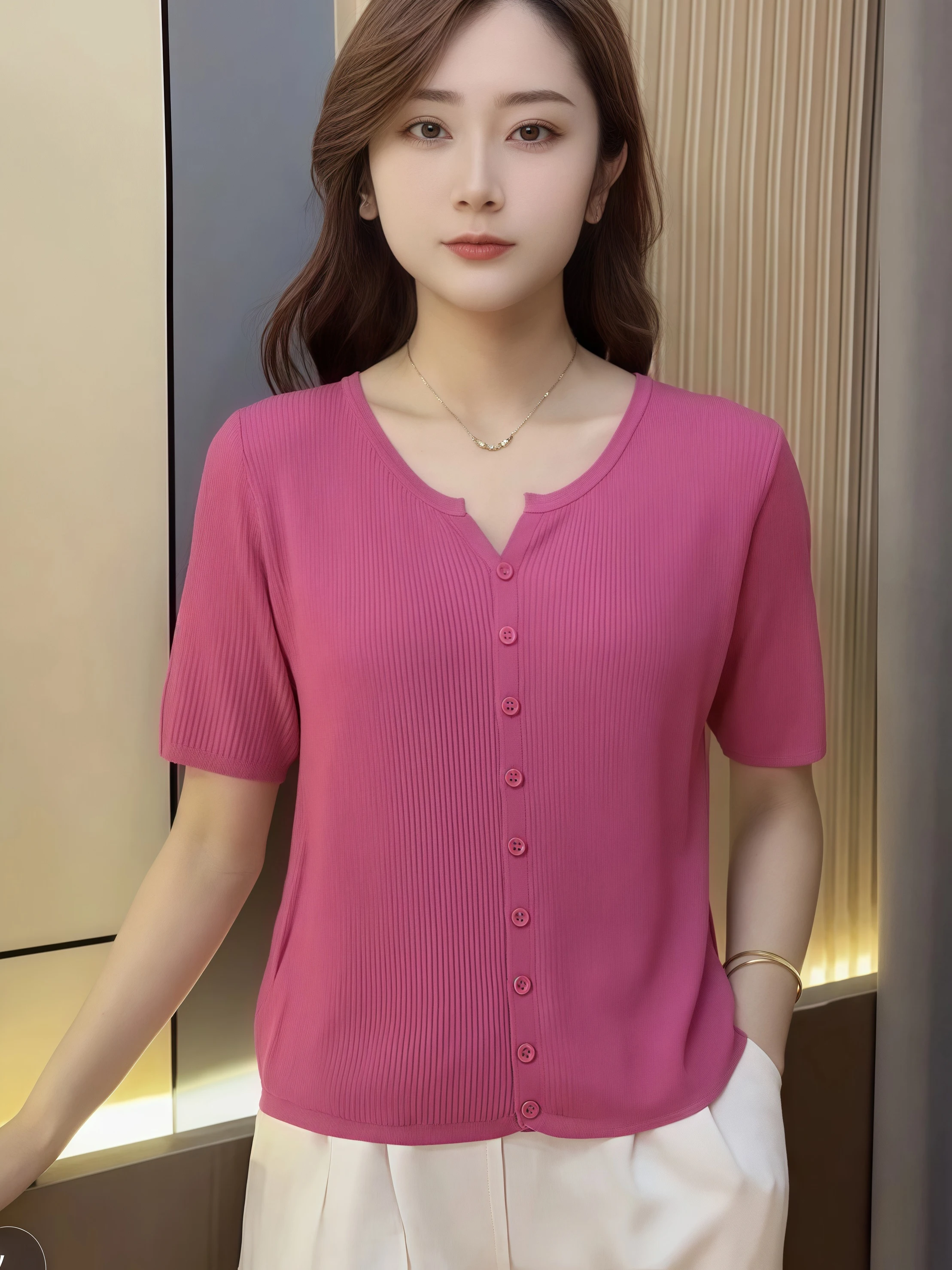 

Ice Silk Knitted ort Sve V-Ne T-irt Women's Summer New Sle Pure Color Versatile Base Layer irt Korean Loose Fit