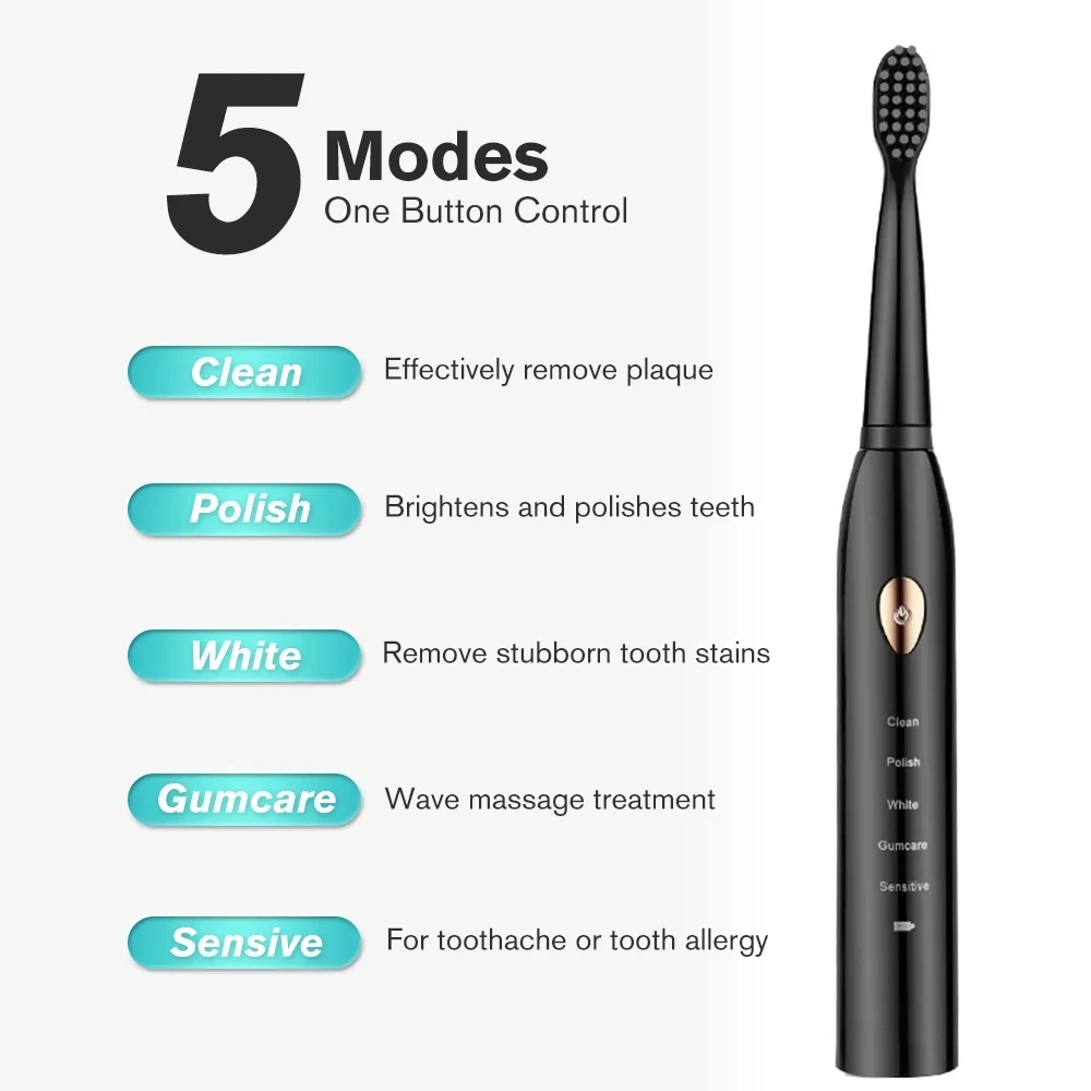 Sonic Electric Toothbrush 5-gear Mode USB Charging 4 colors IPX7 Waterproof Ultrasonic Rechargeable Soft Hair Adult Toothbrush