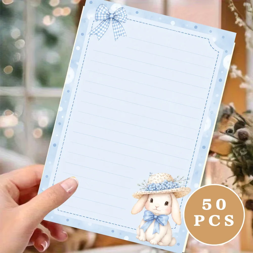 50 Sheets, Blue Polka Dot Cute Rabbit-themed Writing Paper, Lined, Glue-free, Perfect For Notebooks, Memos, And Stickers
