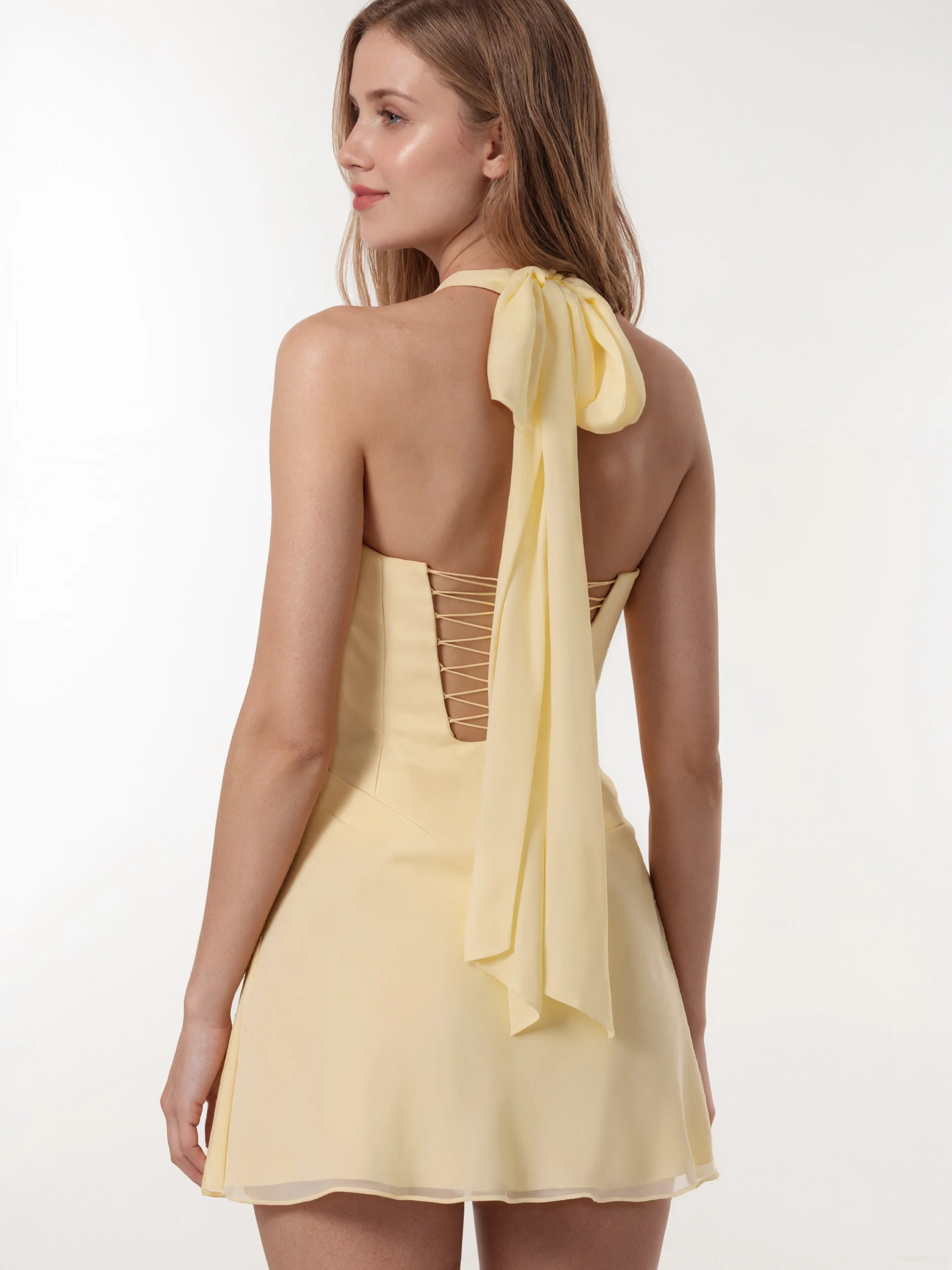 European style 2026 new model neck-wrap square-neck fitted halter-line pleated full-skirt chiffon fusion dress