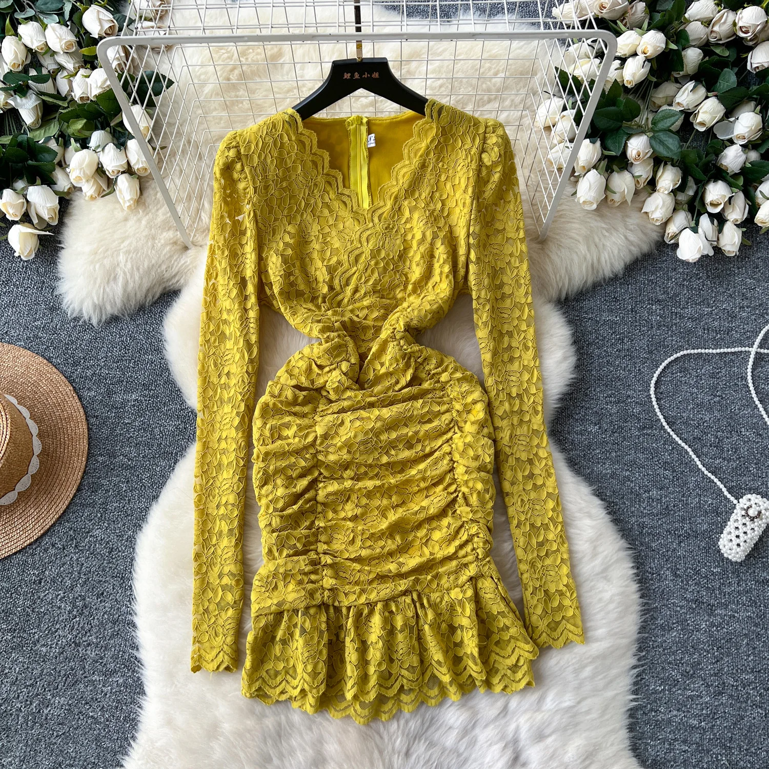 

Elegant V-neck Vintage Long Sleeve Chic Lace Slim Pleated Short Pencil Dress French Fashion Evening High Street Autumn Clothing