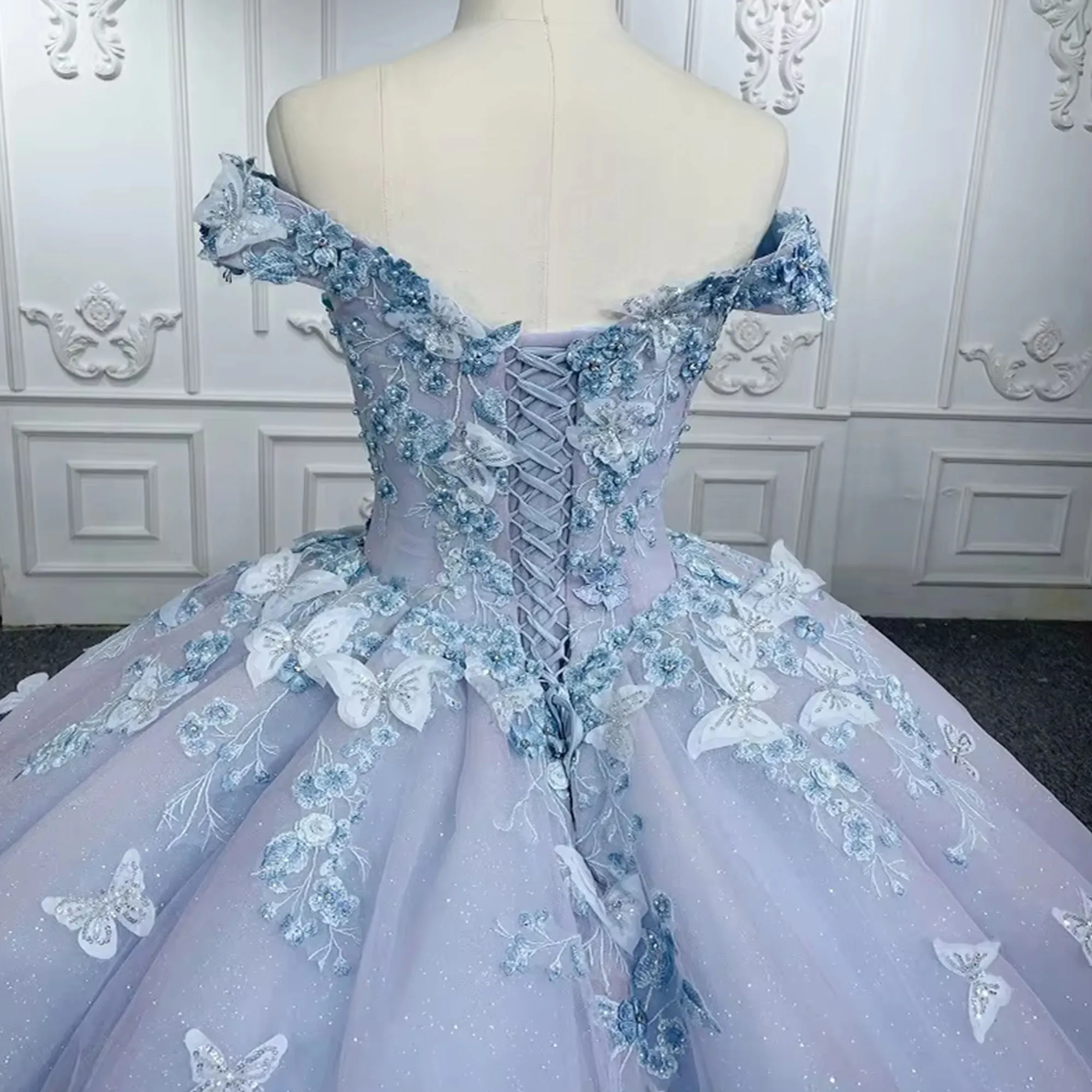 Lace Flowers Blue Ball Gown 15 Year Old Quinceanera Dresses Princess Customized Party Dress Off Shoulder Vestidos De Fiesta