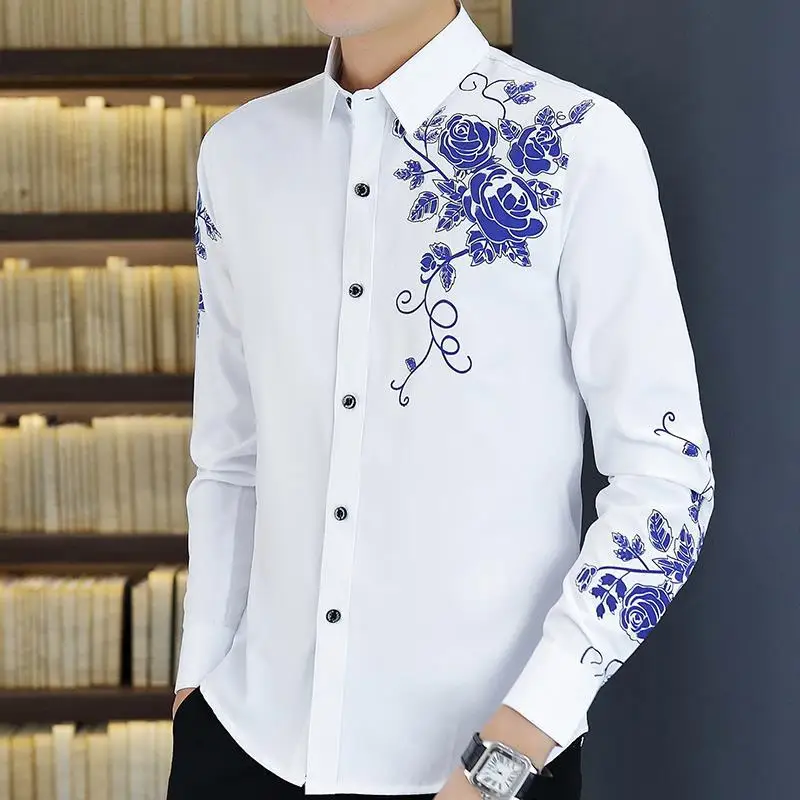 Camisas de vestir con estampado de flores para hombre, camisa informal ajustada de manga larga con botones, rosa dorada, moda de otoño, 2022