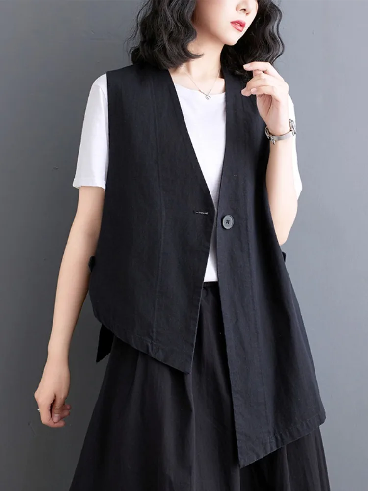 디자인 센세이션 비대칭 코튼 린넨 베스트 여성 여름 루즈핏 V넥 캐주얼 아우터웨어 숄더 패드 탑
