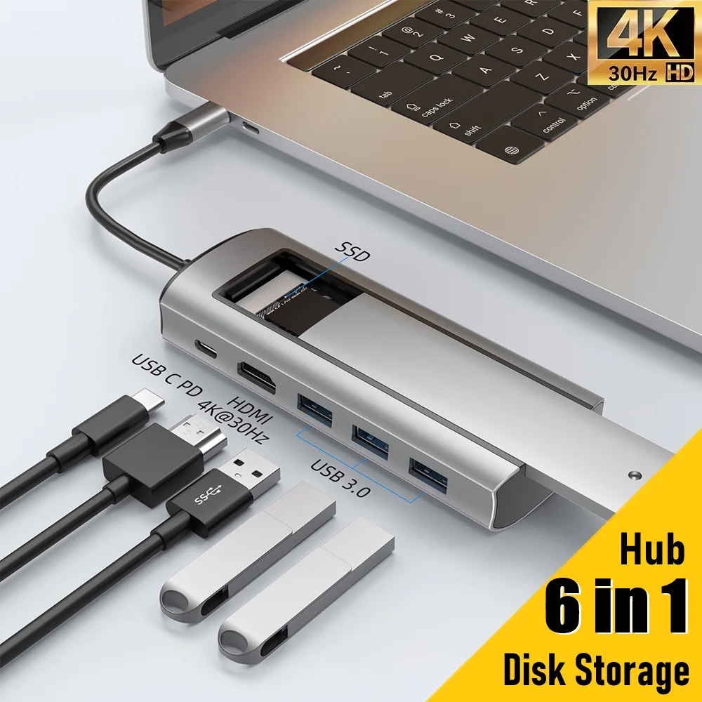 

6-IN-1 USB HUB With Disk Storage Function M.2 NVMe SATA SSD Case Docking Station USB Type-C to HDMI Adapter For Macbook Pro Air